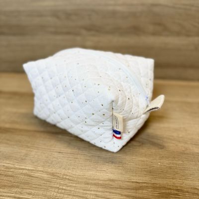 Trousse de toilette en tissu matelassé double gaze blanche à pois dorés