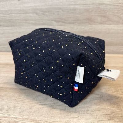 Trousse de toilette en tissu matelassé double gaze noire à pois dorés