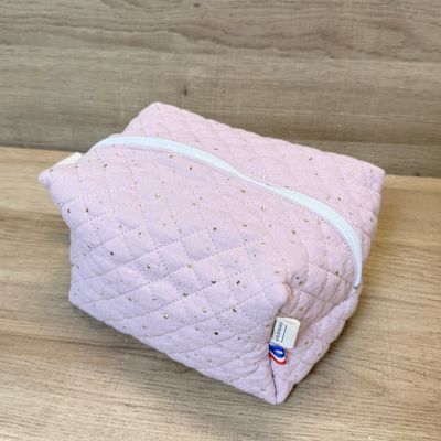 Trousse de toilette en tissu matelassé double gaze rose pâle à pois dorés