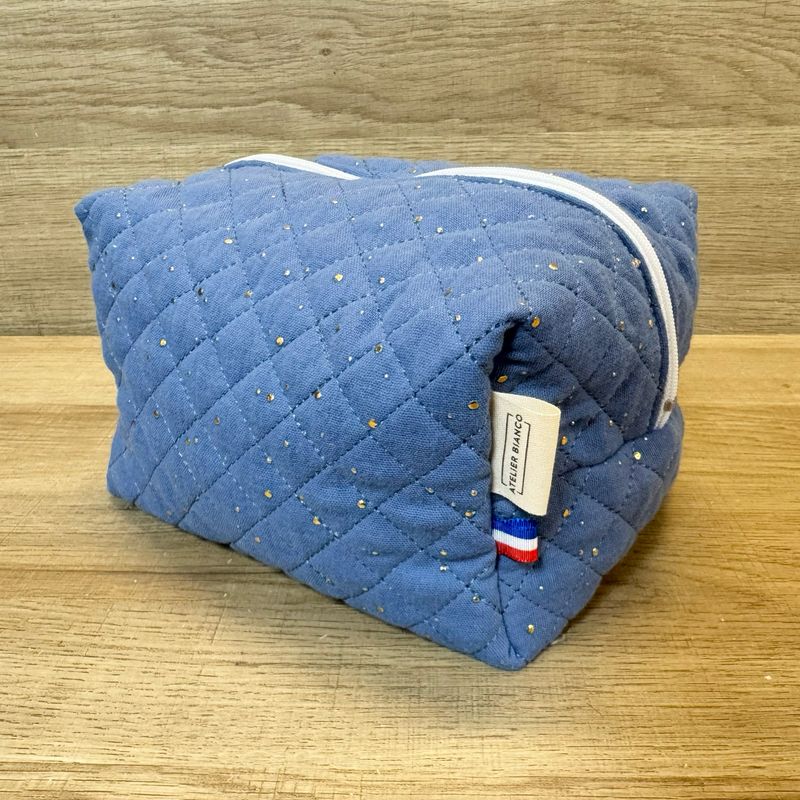 Trousse de toilette en tissu matelassé double gaze à pois dorés