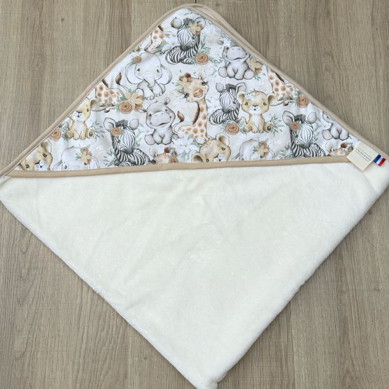 Cape de bain bébé - Motifs Savane beige fleurie