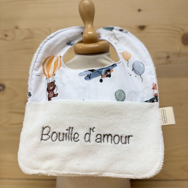 Bavoir bébé personnalisable – Motifs Avion, Animaux montgolfières