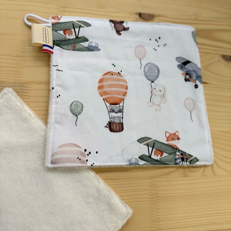 Débarbouillette lavable - Motifs Avion, Animaux montgolfières