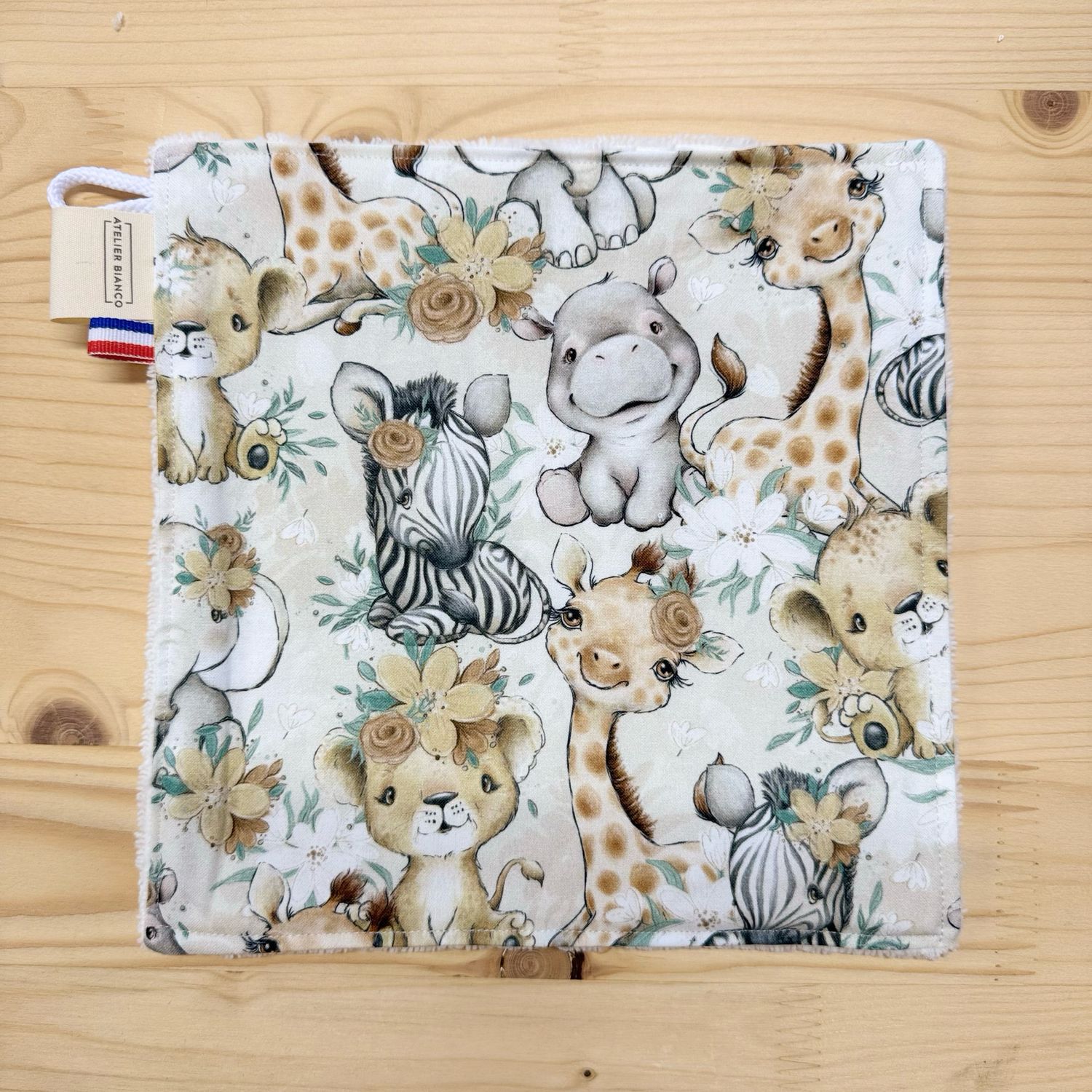 Débarbouillette lavable - Motifs Savane beige fleurie