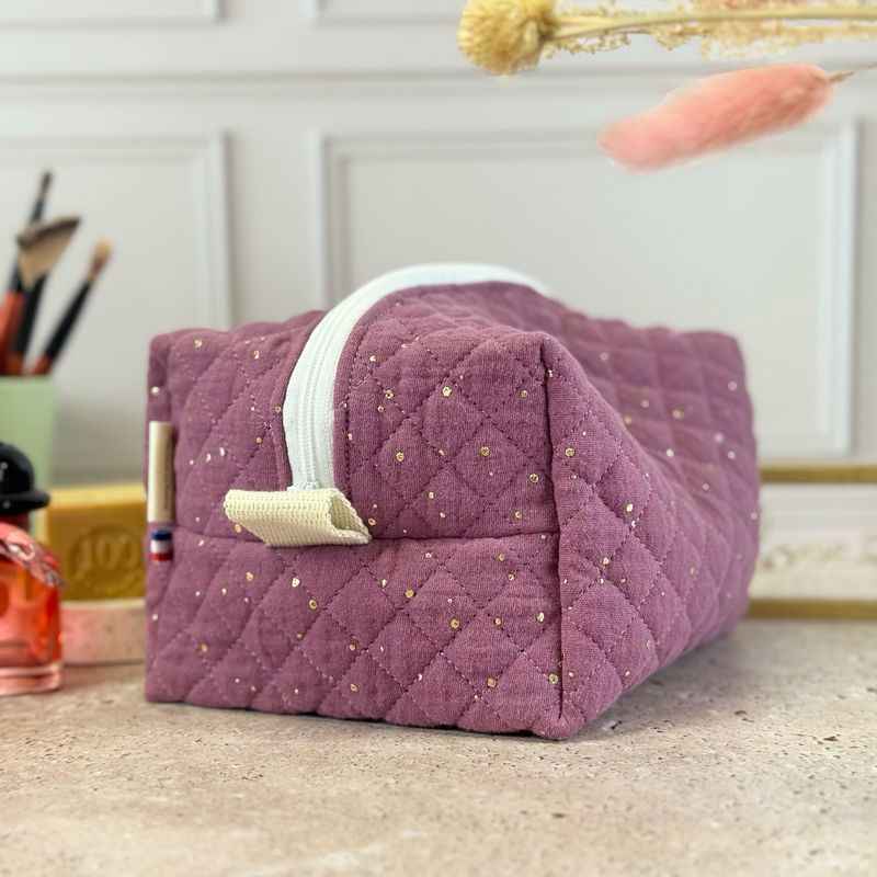 Trousse de toilette en tissu matelassé double gaze à pois dorés