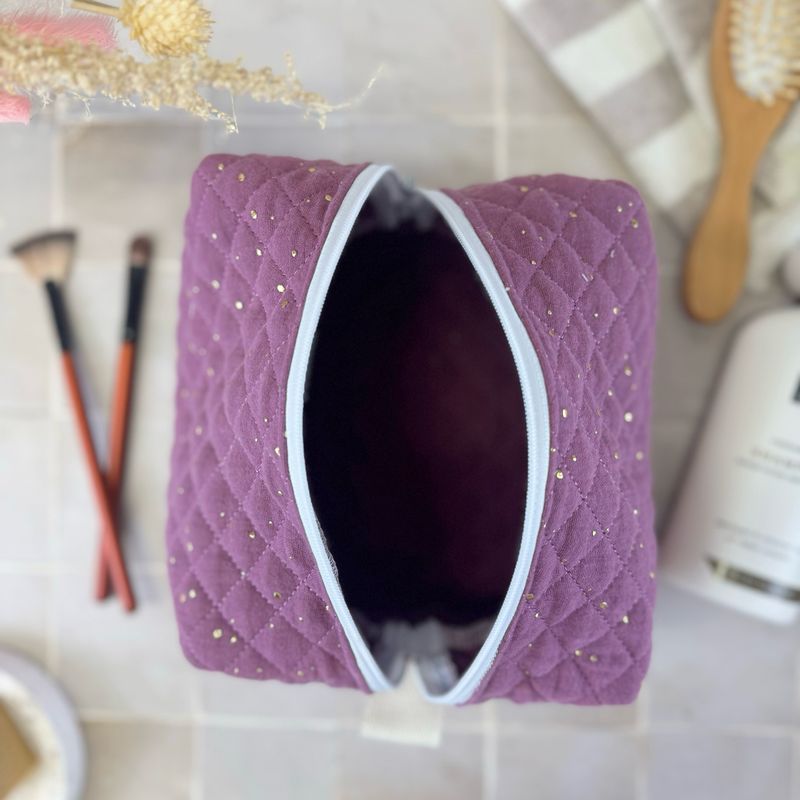 Trousse de toilette en tissu matelassé double gaze à pois dorés