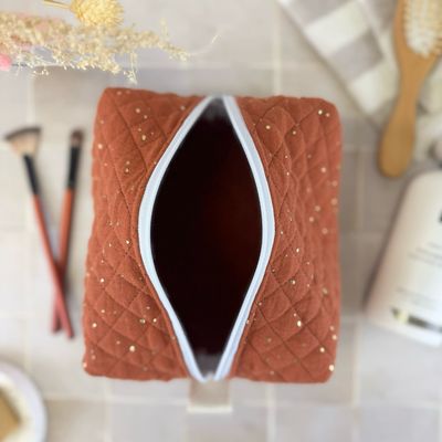 Trousse de toilette en tissu matelassé double gaze rouille à pois dorés
