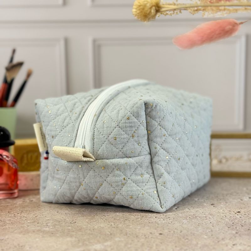 Trousse de toilette en tissu matelassé double gaze à pois dorés