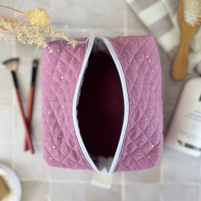 Trousse de toilette en tissu matelassé double gaze rose à pois dorés