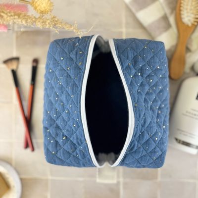 Trousse de toilette en tissu matelassé double gaze à pois dorés