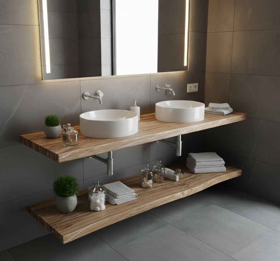 Konfigurierbare badezimmer-arbeitsplatte aus eiche massiv, beispiel einer installation.