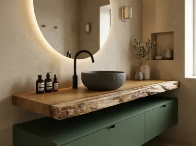 Plan vasque en bois brut. Pour une déco de salle de bain à la fois douce et affirmée.