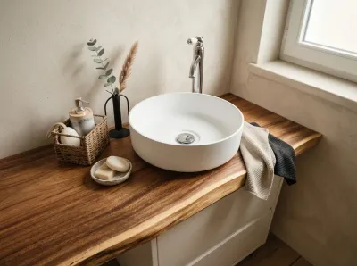 Plan toilette bois exotique 140 x 50 x 6 cm Plan de toilette en bois brut de suar sous vasque à poser. Bord irrégulier pour un rendu robuste et plein de charme. 140 cm.