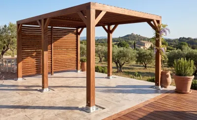 Pergola bois exotique autoportée 6 x 3,5 m Pergola en bois exotique sur mesure de 6 x 3.5 m réalisée par l'ébénisterie française FLO TRADING. Sans aucun entretien.