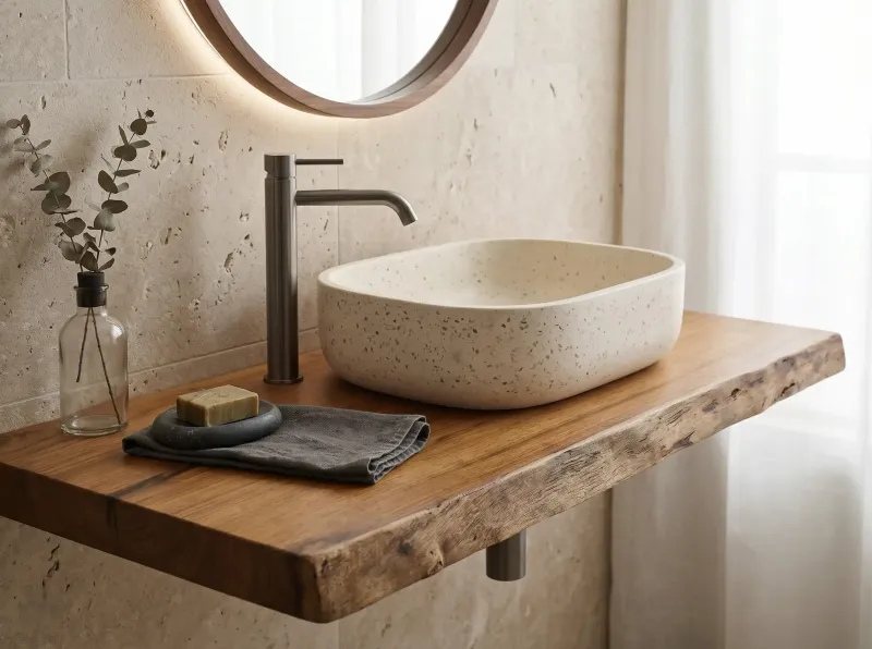 Plan vasque iroko 200 x 50 x 5.5 cm Plan de toilette épais en iroko massif live edge, conçu pour s'intégrer en pose sur meuble ou en configuration suspendue.