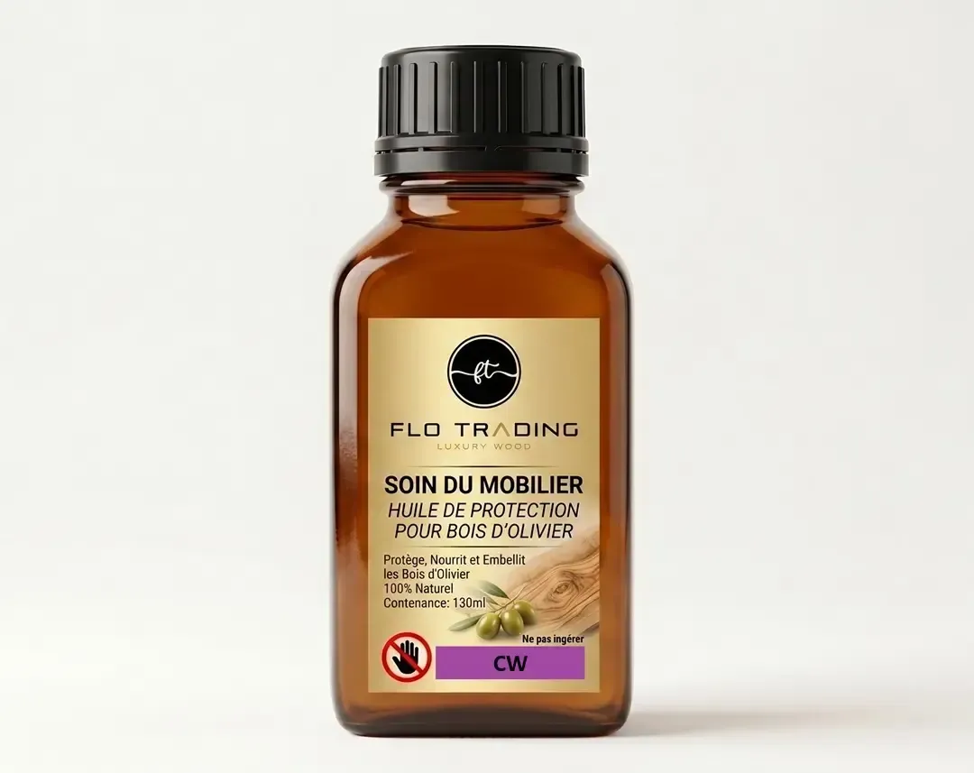 Huile de protection pour mobilier en olivier Flacon d'huile de protection 130ml FLO TRADING pour entretenir, nourrir et embellir le mobilier en bois d'olivier.