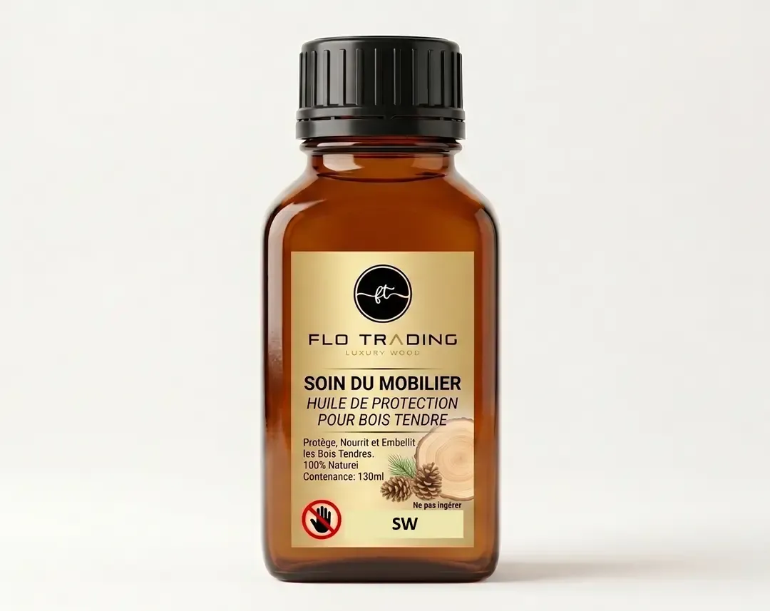 Huile de protection pour bois tendre d'intérieur Flacon d'huile de protection 130ml FLO TRADING spécialement conçue pour entretenir le mobilier en bois tendres.