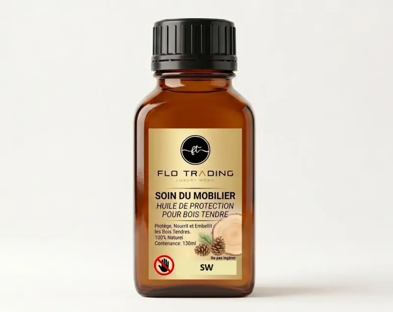 Flacon d'huile de protection 130ml FLO TRADING spécialement conçue pour entretenir le mobilier en bois tendres.