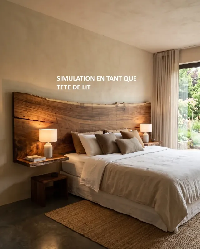 Planche pour tete de lit - 280 cm Grande planche de bois brut nervuré avec fissures naturelles pour la création d'une tête de lit rustique et moderne.