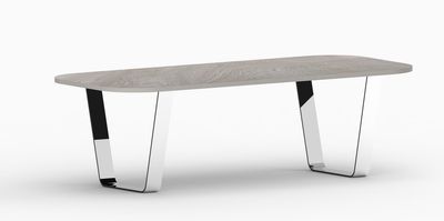 Pieds de table rectangulaire en Inox trapèze – modèle FENDER Pieds de table FENDER sur mesure en métal poli, trapèzes inox - design U évasé, pour plateau rectangulaire.