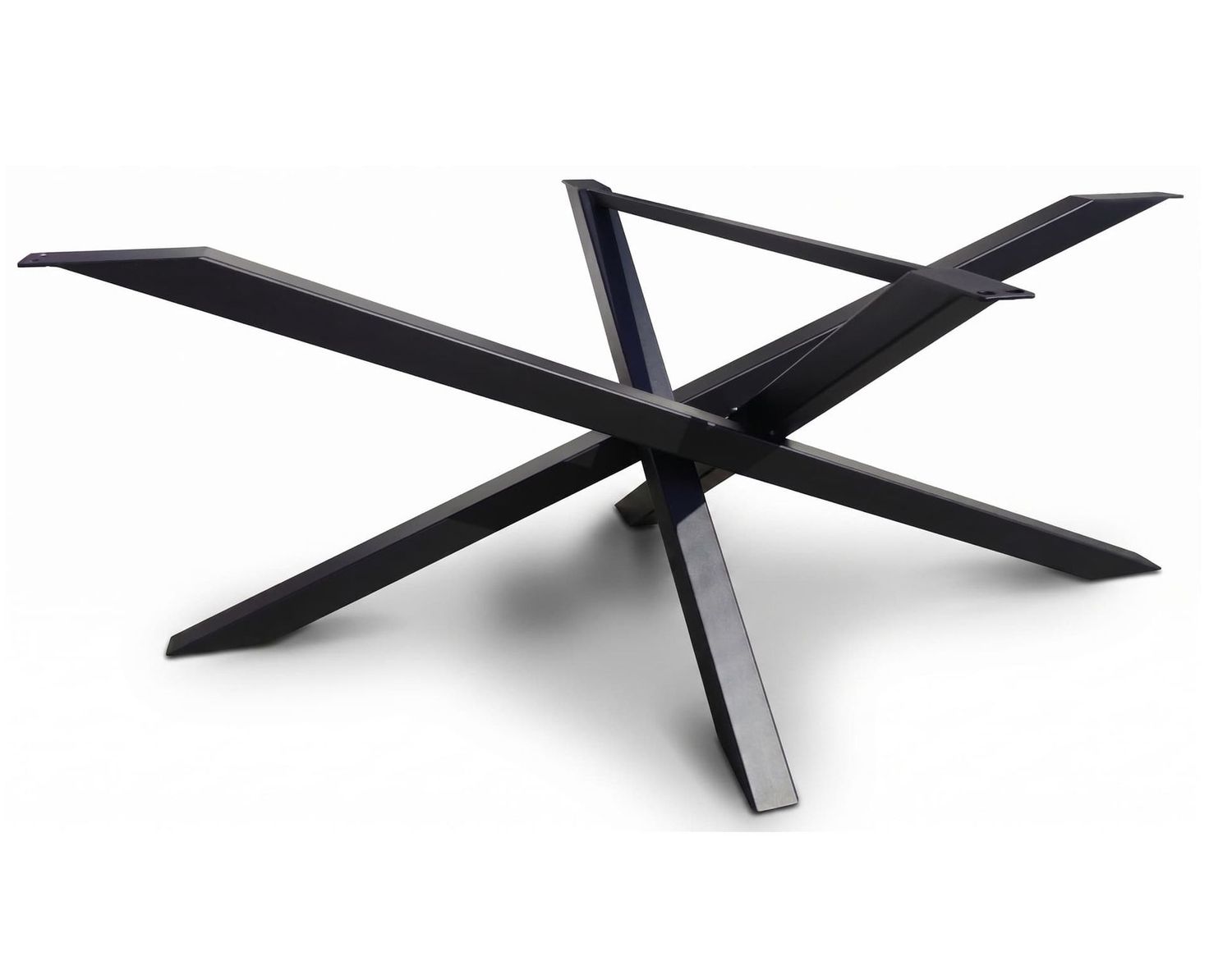 Pied de table central Mikado sur mesure en métal noir, piètement araignée croisé pour grand plateau. Stable, bonne portée.