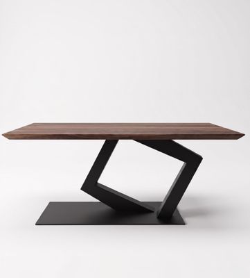 Pied de table central sculptural noir – modèle WALKING (cube en mouvement) Pied de table central sculptural en métal noir WALKING représentant un cube en mouvement.