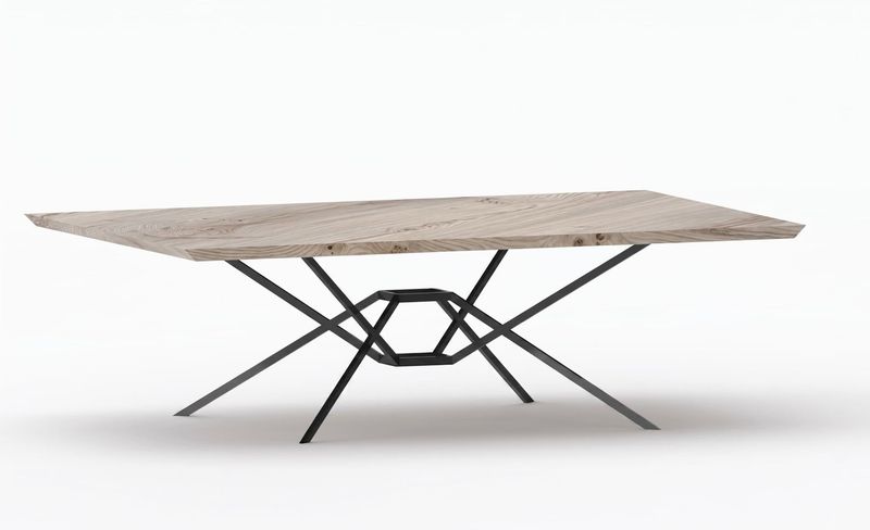 Pied de table en métal fin tubulaire – modèle TIME Pied de table Time sur mesure en métal fin, piètement central à entrecroisement tubulaire pour petits et grands plateaux.
