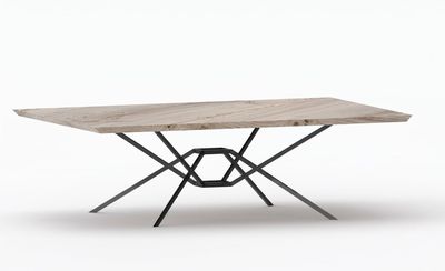 Pied de table en métal fin tubulaire – modèle TIME Pied de table Time sur mesure en métal fin, piètement central à entrecroisement tubulaire pour petits et grands plateaux.