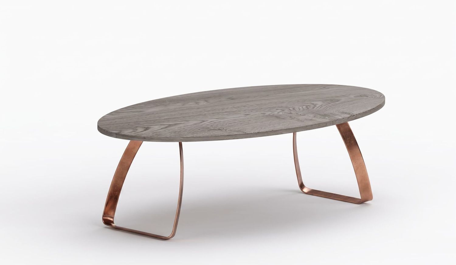 Pieds de Table en Métal U Courbé – Modèle BODYE Pieds de table BODYE sur mesure en métal cuivre, piètement traîneau recourbé pour plateau ovale en bois massif.