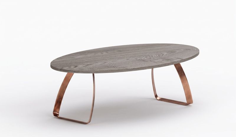Pieds de table en métal U courbé – modèle BODYE Pieds de table BODYE sur mesure en métal cuivre, piètement traîneau recourbé pour plateau ovale en bois massif.