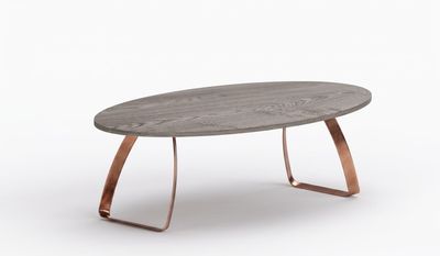 Pieds de table BODYE sur mesure en métal cuivre, piètement traîneau recourbé pour plateau ovale en bois massif.