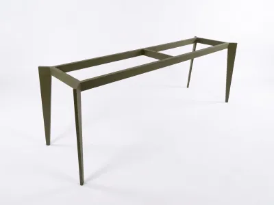 Piétement de table design en métal de couleur vert olive, structure rectangulaire avec quatre pieds effilés et angulaires.