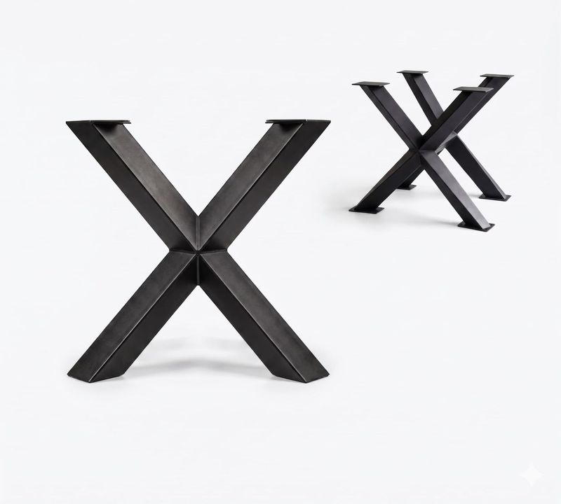 Pieds de table en X effet diamant en métal – modèle sur mesure Pieds de table central ou piètement de forme cruciforme double X rappelant des facettes de diamant. Design industriel.