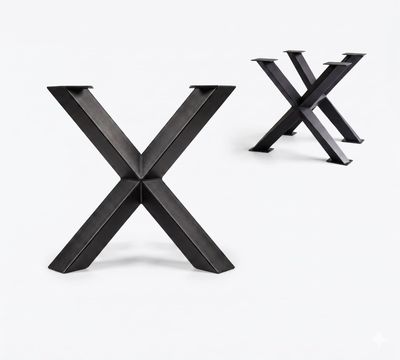 Pieds de table en X effet diamant en métal – modèle sur mesure Pieds de table central ou piètement de forme cruciforme double X rappelant des facettes de diamant. Design industriel.