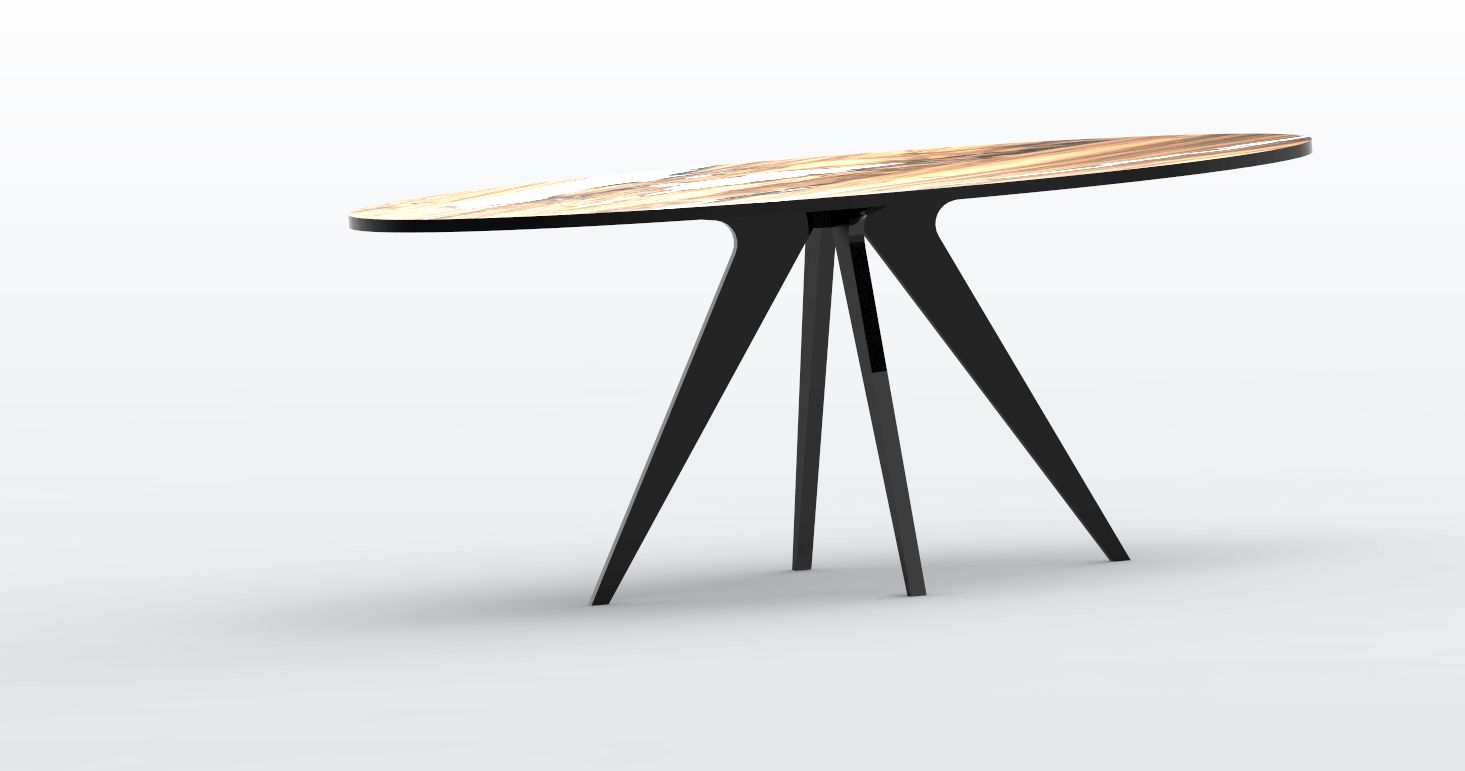 Pied de table central KALIS sur mesure en métal noir, piètement araignée sculptural pour grand plateau ovale en bois massif.