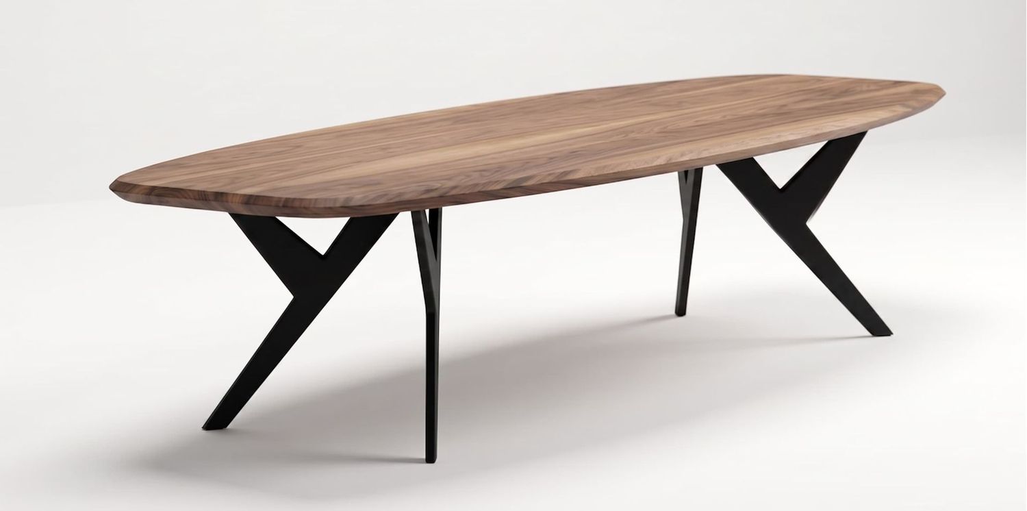 Pieds de table LÉO sur mesure en métal noir, piètement en quatre Y asymétriques pour grand plateau ovale en bois massif.