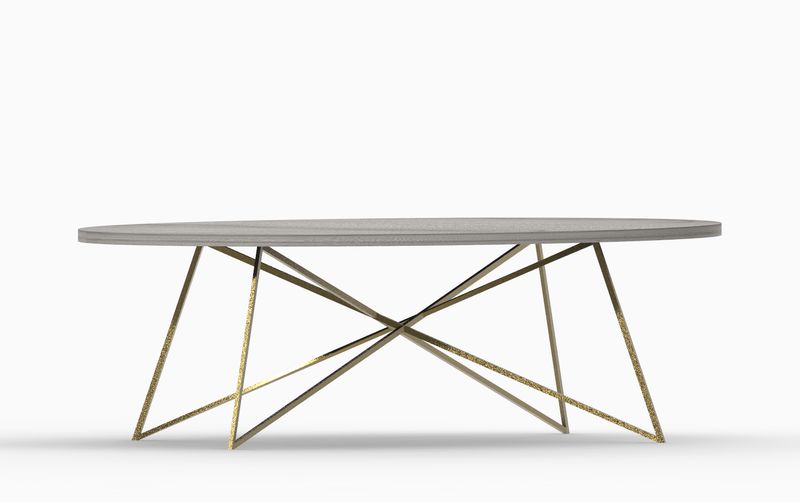 Pied central en métal léger pour table – modèle GRADE Pied central métal léger et doré pour table, modèle sur mesure GRADE. Tubes géométriques croisés avec point de jonction.