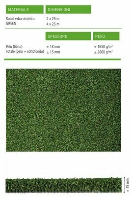 Erba sintetica GREEN in rotoli h cm 200/400 spessore mm 15 vendita a taglio. Rotoli da ml 25 prezzo a mq