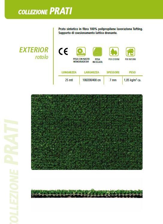 Erba sintetica EXTERIOR  in rotoli h cm 200/400 spessore mm 7 vendita a taglio. Rotoli da ml 25 -  prezzo al mq