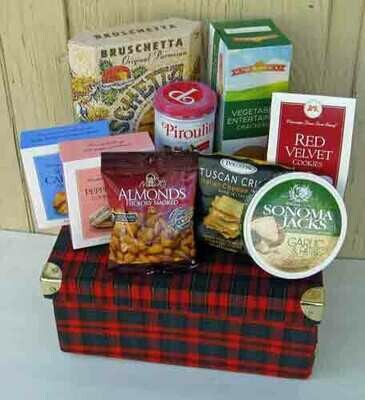 Plaid Gift Box filled with gourmet foods Plaid Gift Box filled with gourmet foods