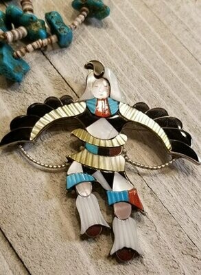 Native American Jonathan Beyuka Zuni sterling silver carved gemstone eagle dancer large brooch pendant