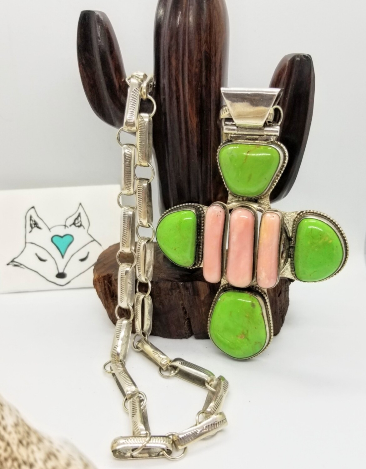 D. Troutman Navajo Silver Creations 4&quot; Gaspeite and Pink Opal Cross Pendant