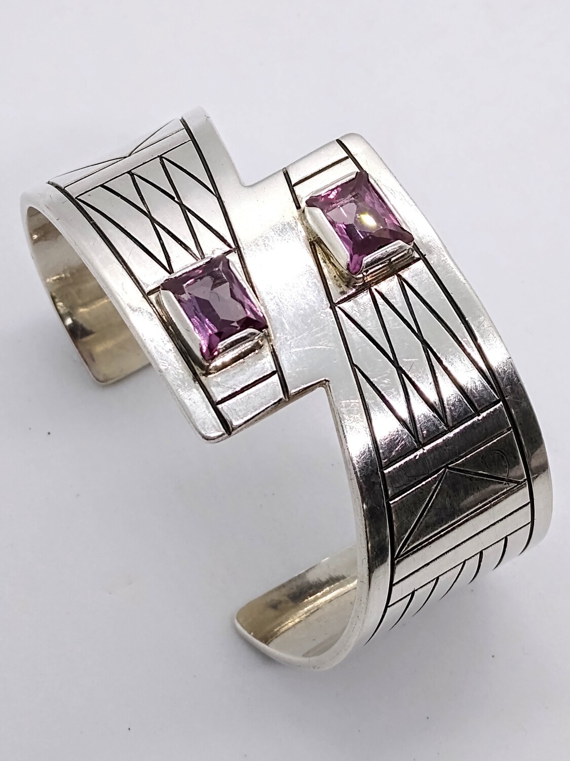RARE  M. Ken Real Bird, Crow Nation, Double Purple Sapphire Heavy Native Sterling Silver Cuff Bracelet