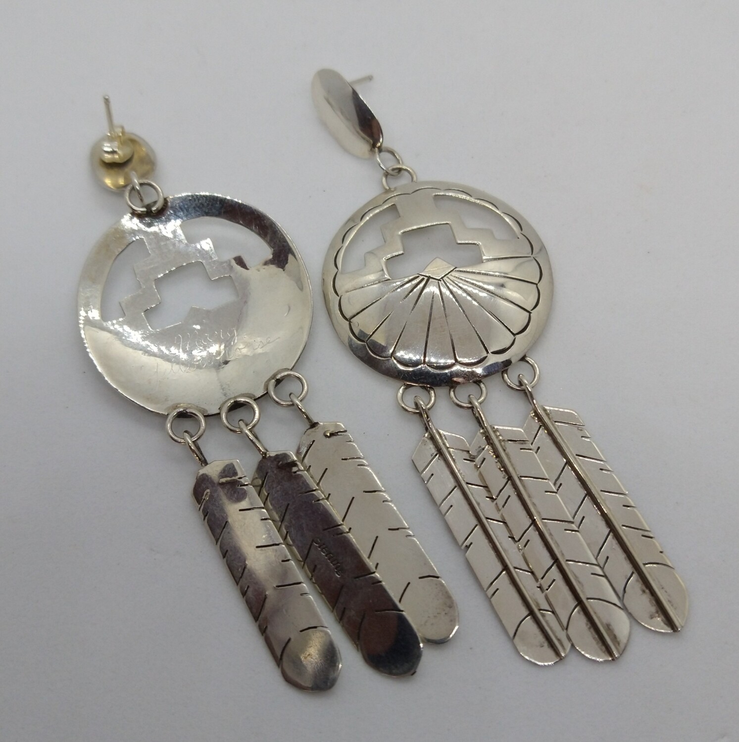 Native Mary Yellowhorse Sterling Silver Sunface Feather Duster Dangle Earrings LONG 3.5&quot;!!!