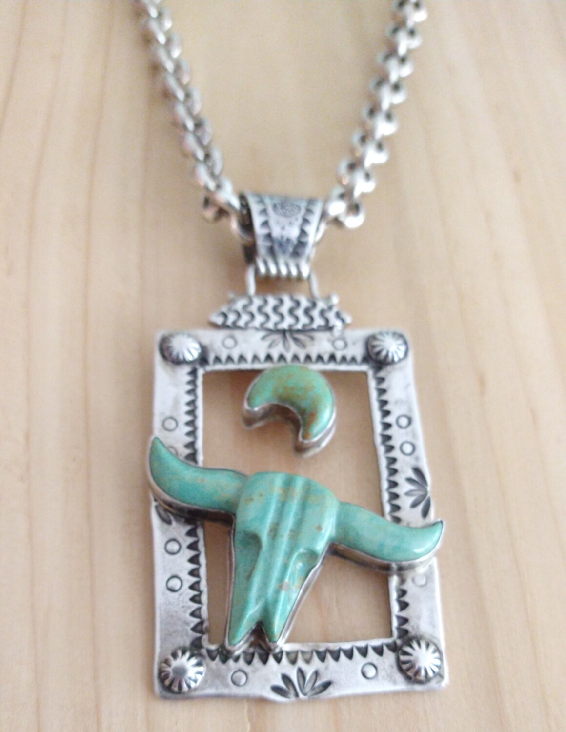 AMAZING Carved Turquoise Longhorn Sterling Silver Crescent Moon - Main Image