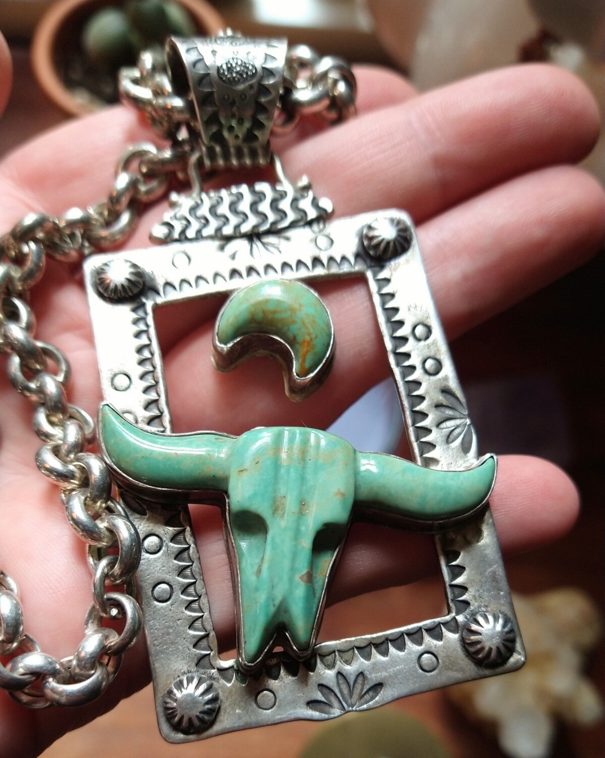 AMAZING Carved Turquoise Longhorn Sterling Silver Crescent Moon Pendant by D. Troutman Navajo Silver Creations HUGE!!!