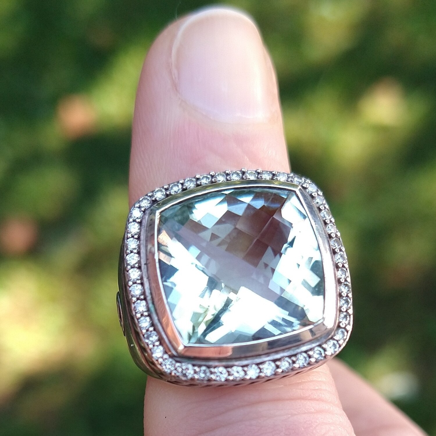 DAVID YURMAN 20MM MOONLIGHT PRASIOLITE STERLING SILVER DIAMOND RING