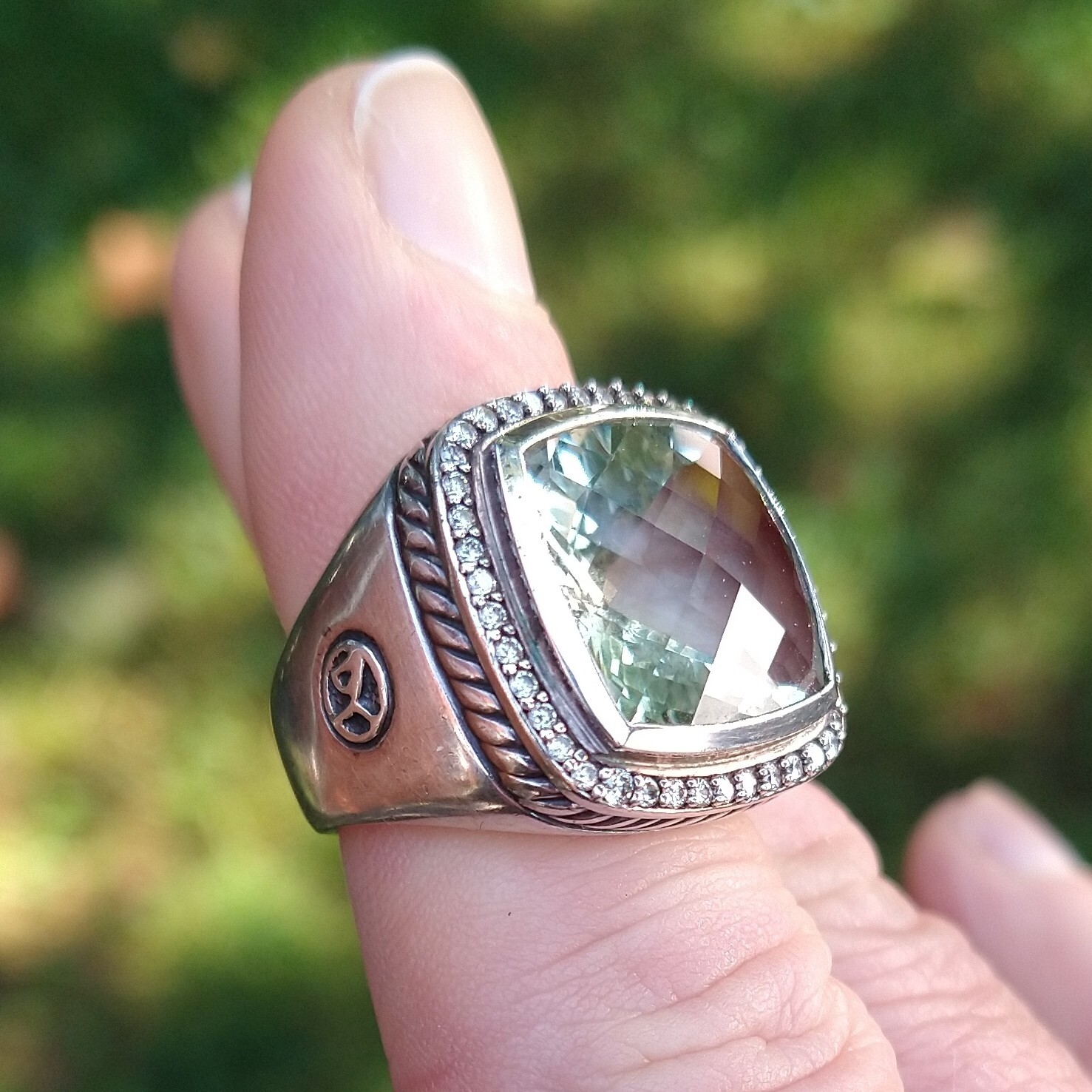 レア　David Yurman 925 ダイヤモンド　天然プラシオライト　リング DAVID YURMAN 20MM MOONLIGHT PRASIOLITE STERLING SILVER