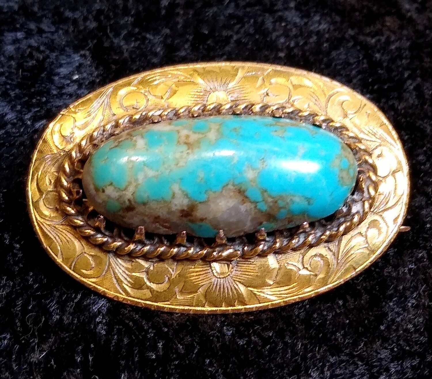 Antique 14k yellow gold Natural Turquoise with quartz Brooch Pin
