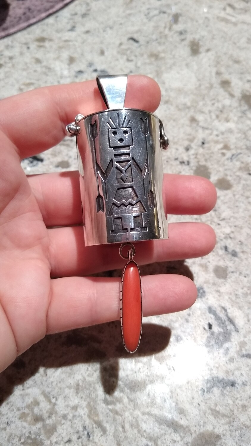 Bobby Tewa Native American Hopi Navajo HUGE Sterling Silver C0ral Yei Vessel Box Pendant 